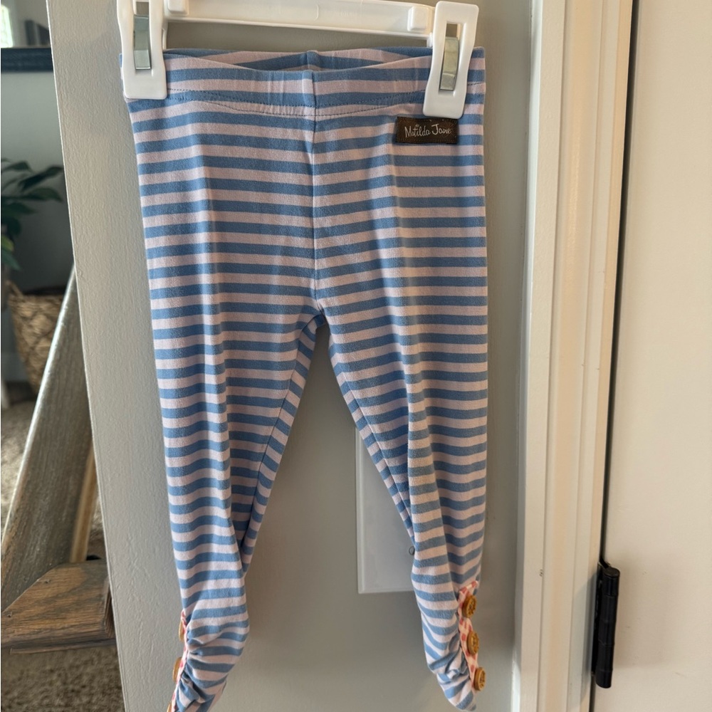 Matilda Jane Blue and White Striped Leggings with Floral Accents